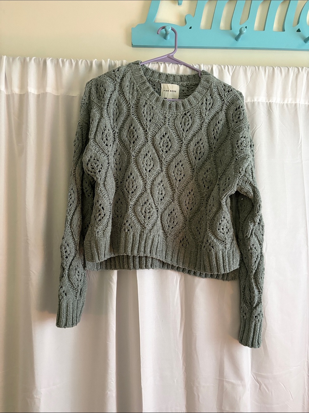 Pink Rose Sage Green Openwork Crewneck Sweater
